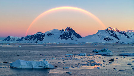 A breathtaking and rare rainbow arches over the majestic, snow-covered peaks of the Antarctic Peninsula at sunset.の素材