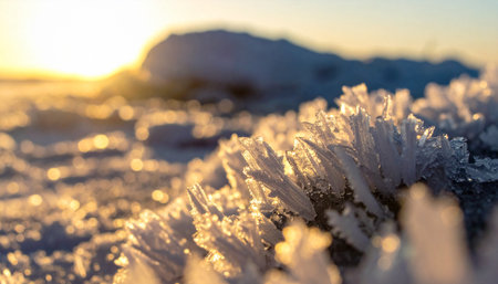 As the first rays of the morning sun stretch across a frozen landscape, they catch the delicate edges of intricate ice crystals.の素材