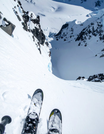 A skier's point of view, standing at the precipice of a steep, narrow couloir.の素材