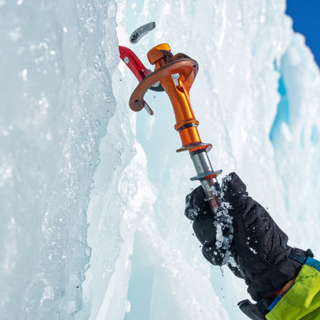 From a first-person perspective, a climber's gloved hand securely places an ice axe into the sheer, frozen wall of a glacier.の素材