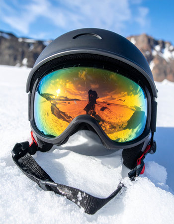 Snowboard helmet on the snow in the mountains. Extreme winter sportの素材