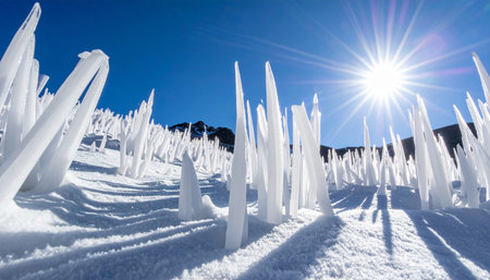 Frozen grass on a snow covered hillside with blue sky and sunの素材
