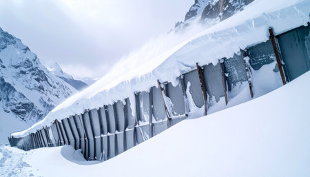 An avalanche barrier stands firm against a relentless mountain blizzard, its structure nearly buried under heavy snow.の素材