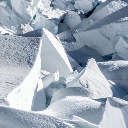 A close-up view of a chaotic yet beautiful landscape of fractured ice.の素材