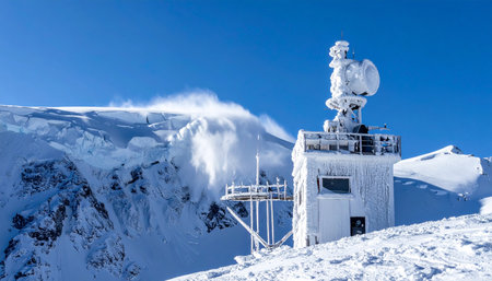 An isolated research station stands resilient against the extreme arctic elements on a remote mountain summit.の素材