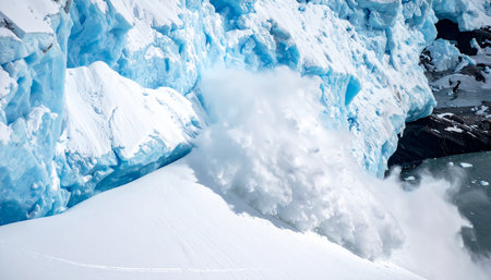 A colossal wall of ancient ice succumbs to gravity, crashing into the frigid polar ocean with immense force.の素材