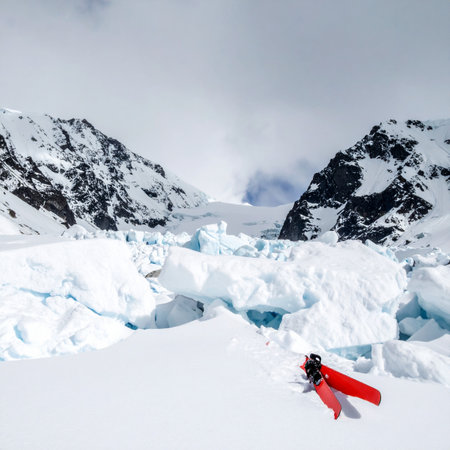 A lone mountaineer finds rest in a vibrant red sleeping bag amidst the stark, frozen beauty of a high-altitude glacier.の素材