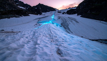 Follow a mysterious, glowing blue stream up a snowy mountain path at twilight.の素材