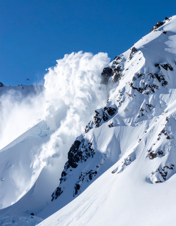 A massive cloud of snow and ice thunders down a steep mountain face under a clear blue sky.の素材