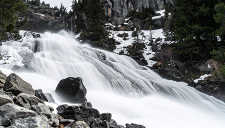 Witness the raw power of nature as a mountain waterfall, fed by the spring thaw, crashes over dark granite rocks.の素材