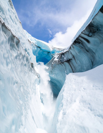 A powerful torrent of glacial meltwater cascades through a deep, blue ice crevasse, carving its way through ancient ice.の素材