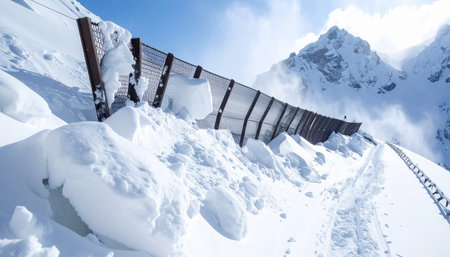 A steel avalanche barrier stands firm against immense pressure on a sunlit mountain peak.の素材