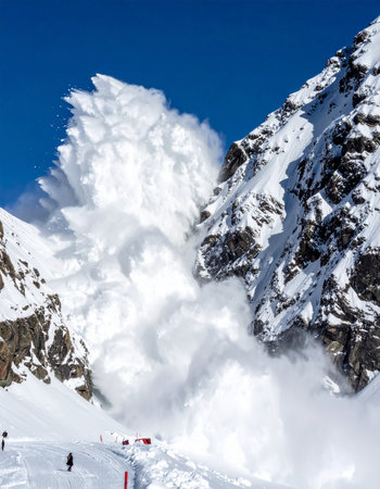 A spectacular and terrifying display of nature's raw power as a massive avalanche thunders down a steep mountain face under a clear blue sky.の素材