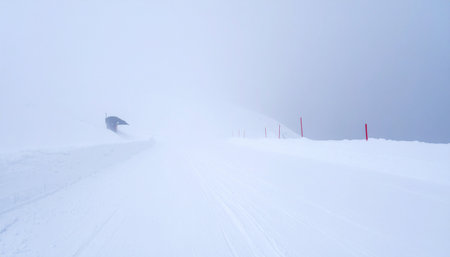 A lone vehicle cautiously navigates a remote road during a severe winter blizzard.の素材