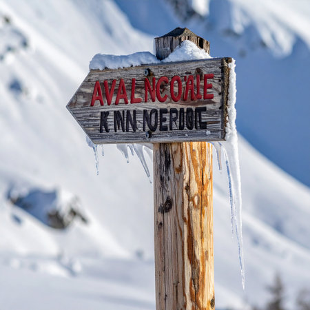 A weathered wooden sign, encrusted with ice and snow, points the way on a remote mountain trail.の素材