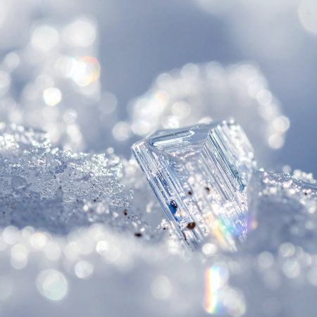 A macro photograph captures the intricate, geometric perfection of a single ice crystal.の素材