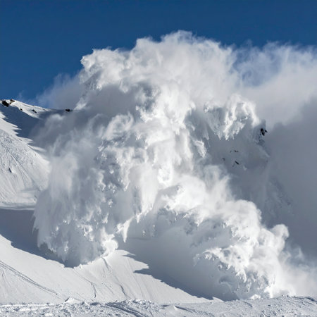 A massive cloud of snow and ice thunders down a steep mountain slope in a powerful avalanche.の素材