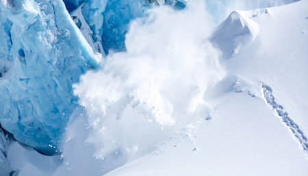 A massive avalanche thunders down a steep, icy glacier, sending a huge cloud of snow and debris into the air.の素材
