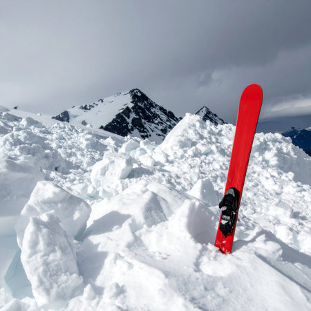 A lone red ski stands as a vibrant marker in a vast, silent expanse of deep powder.の素材