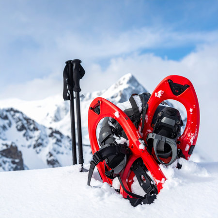 A pair of bright red snowshoes and trekking poles stand ready in the deep, pristine snow, signaling a pause in a thrilling alpine expedition.の素材