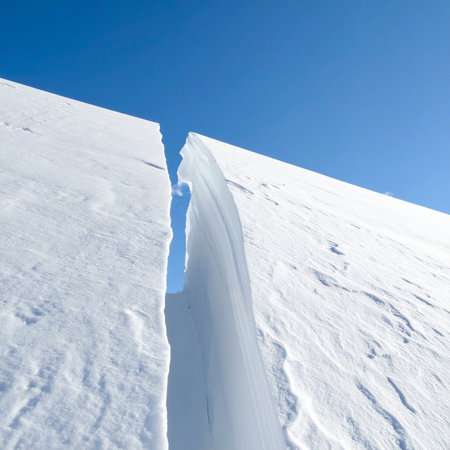 A low-angle view captures the immense scale of a deep crevasse splitting a vast glacier.の素材