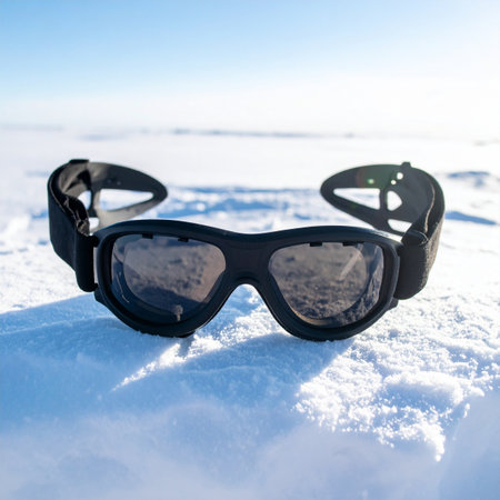 A pair of ski goggles rests on a pristine blanket of snow, reflecting the bright winter sun.の素材