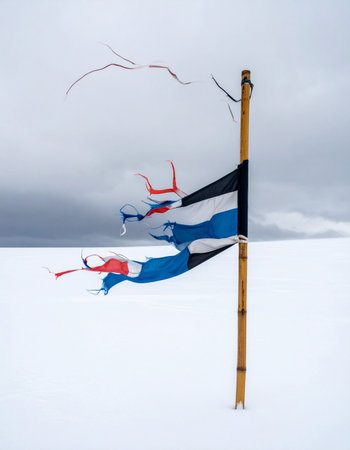 A lone, tattered flag on a bamboo pole stands against the relentless wind in a vast, frozen landscape.の素材