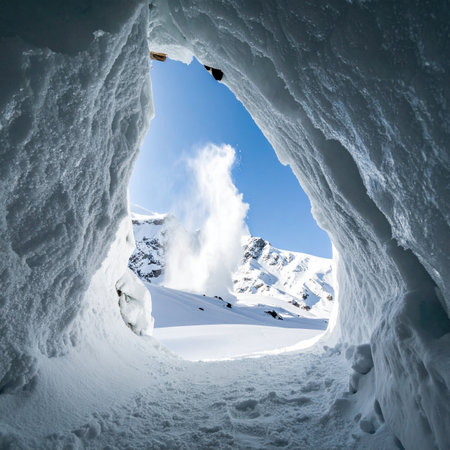 From the quiet shelter of a glistening ice cave, a powerful geyser erupts, sending a plume of steam into the crisp winter air.の素材