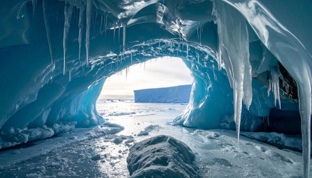 A breathtaking view from within a shimmering blue ice cave. Icicles hang like chandeliers from the frozen archway, framing a vast, sunlit arctic landscape outside.の素材