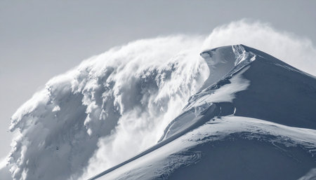 A powerful gust of wind sculpts a dramatic plume of snow from the summit of a majestic mountain.の素材