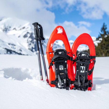 A pair of bright red snowshoes and trekking poles stand ready in the pristine white snow, signaling a pause in a thrilling winter expedition.の素材
