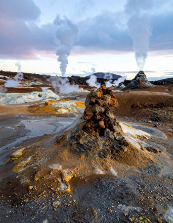 Steam billows from volcanic vents in the Hverir geothermal area of Iceland.の素材