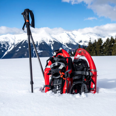 A pair of bright red snowshoes and trekking poles stand ready in deep, pristine snow, marking a pause in a mountain adventure.の素材