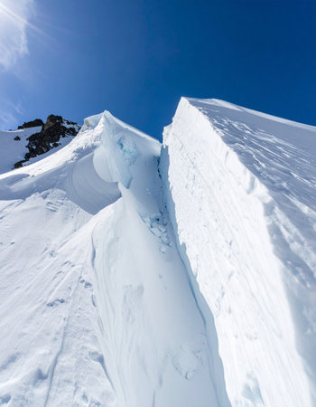 A low-angle view captures the immense scale and inherent danger of a deep crevasse splitting a sun-drenched, snow-covered mountain peak.の素材