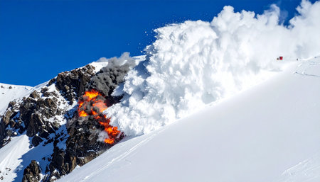 An expert snowboarder carves a sharp turn on a steep, untouched mountain slope, sending a massive wave of fresh powder into the crisp blue sky.の素材