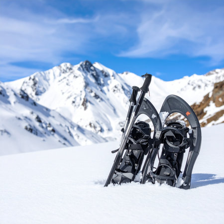 A pair of modern snowshoes and trekking poles stand ready in deep, untouched powder, marking a momentary pause on a challenging alpine ascent.の素材