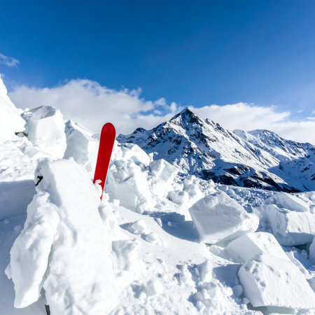 A single red ski stands as a vibrant marker in a vast, fractured snowscape, left behind after a backcountry adventure.の素材
