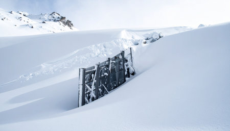 In a vast and silent mountain landscape, a remote structure is almost completely consumed by deep, pristine snow after a powerful winter storm.の素材