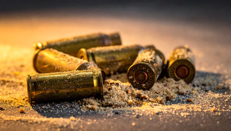 A close-up of several spent bullet casings scattered on a gritty, ash-covered surface.の素材