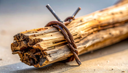 A close-up shot captures the intricate texture of a weathered piece of wood, its splintered surface held together by a tightly twisted, rusty wire.の素材