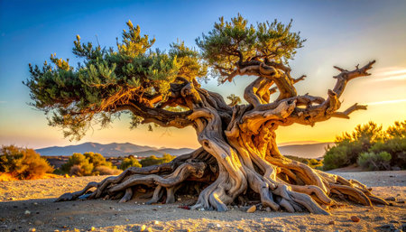 Standing as a testament to time, this ancient, gnarled tree basks in the warm, golden glow of a serene sunset.の素材