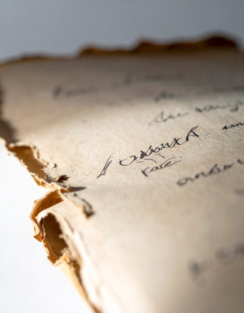 A close-up reveals the fragile, tattered edge of an ancient manuscript.の素材