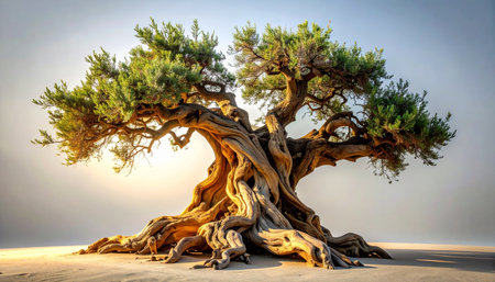 A symbol of timeless endurance, this ancient olive tree stands alone, its gnarled trunk and twisted branches telling a story of centuries of survival.の素材