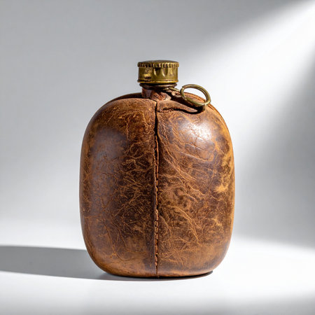 A relic from a bygone era, this antique leather-wrapped flask holds more than just spirits; it carries the silent stories of past adventures.の素材