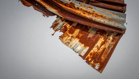 A close-up of a twisted and decaying piece of corrugated metal, showcasing a rich tapestry of rust textures in shades of orange and brown.の素材