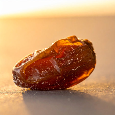 A close-up macro shot captures the intricate details of a single, plump raisin.の素材