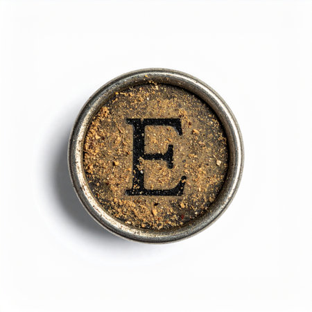 A macro shot captures the gritty detail of an antique typewriter key, the letter 'E' standing out against a backdrop of dust and time.の素材