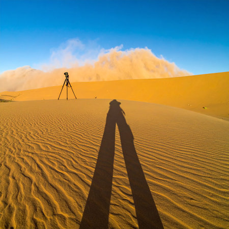 From a first-person perspective, a photographer's long shadow stretches across rippled sand dunes towards a camera on a tripod, ready to capture the majestic, sunlit desert landscape.の素材