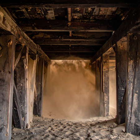 A cloud of dust hangs in the air after a recent collapse deep within an old, abandoned mine.の素材