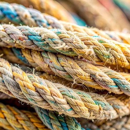 A macro view reveals the intricate details of a weathered nautical rope, its colorful fibers twisted together.の素材